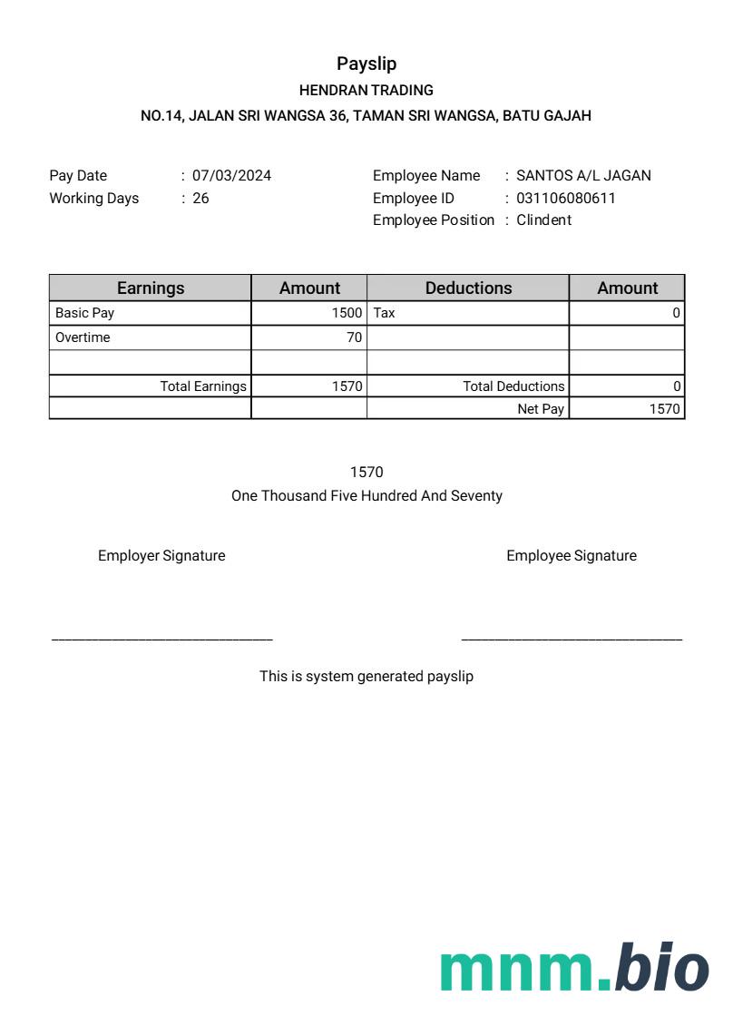 Szablon payslip firmy budowlanej Hendran Tranding w formatach Word i PDF